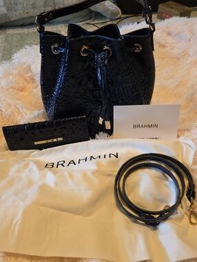 Brahmin Black And Navy Croc-Embossed Leather Drawstring Bucket Bag And WalletNWT